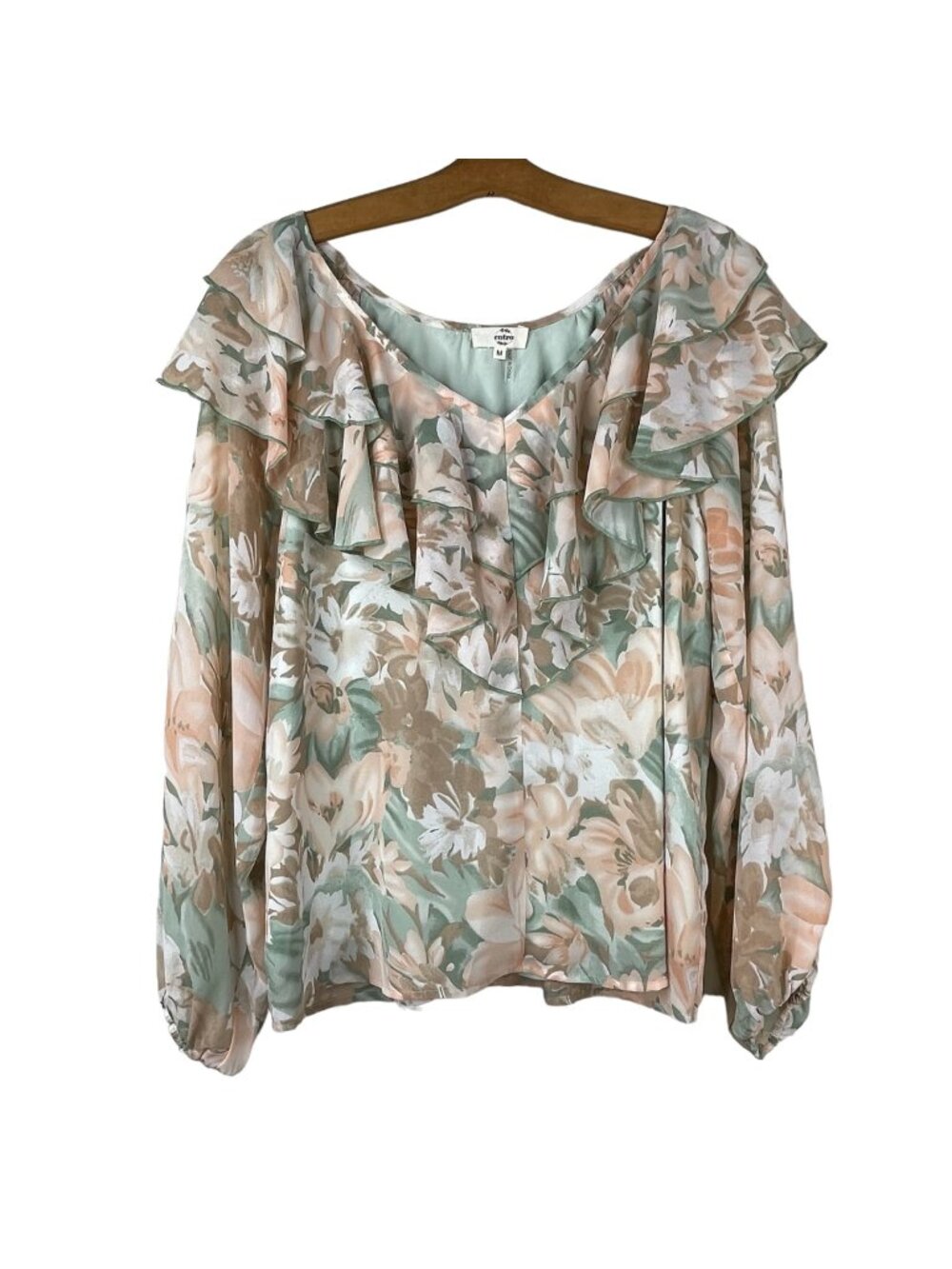 Entro Top Medium Floral Ruffle Peasant Blouse V Neck Boho Cottagecore Feminine